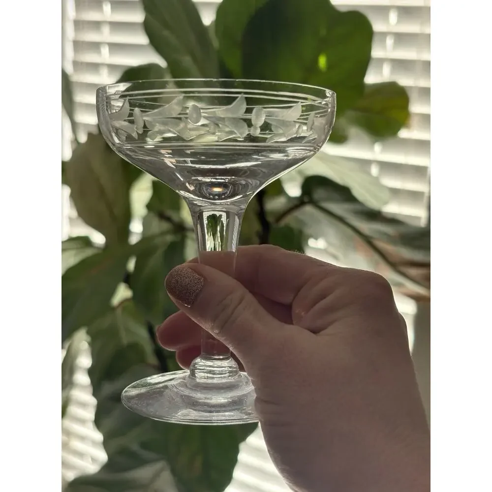 Vintage manganese glass Etched Floral Champagne Coupe Sherbet Glows UV 4.5”